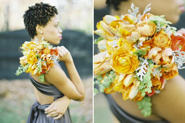 Orange Parrot Tulips Orange Ranunculus Dusty Miller and Maiden Hair Fern