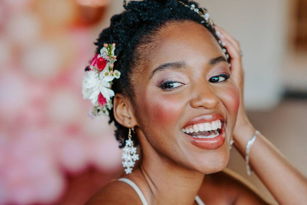 Close up of smiling female model in playful and romantic valentine's shoot.