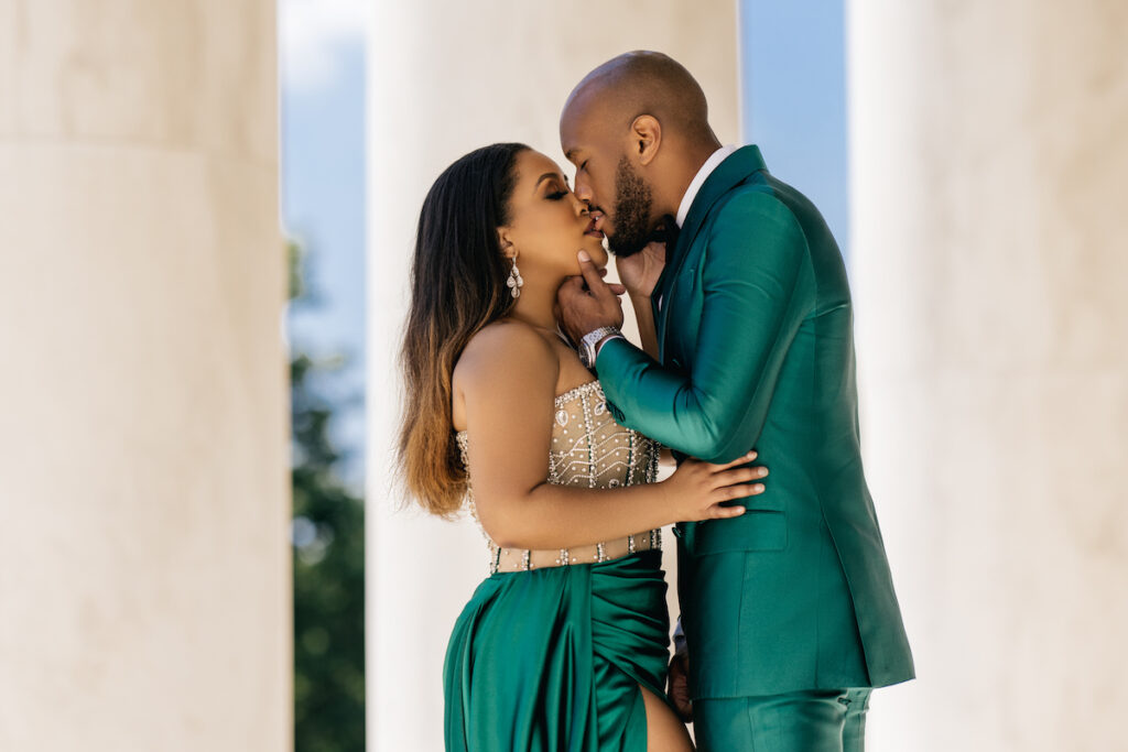 Featured in Issue No. 27, Halle & Eric's engagement session in Washington D.C. exudes classy sophistication with sleek emerald attire.