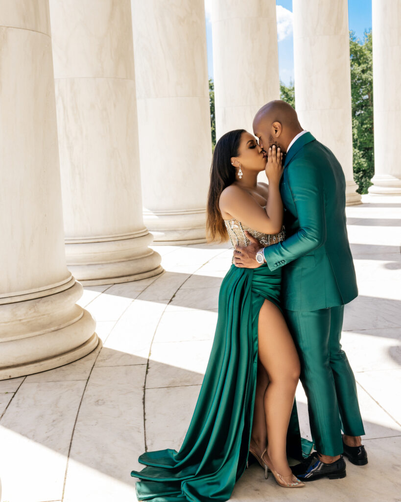 Featured in Issue No. 27, Halle & Eric's engagement session in Washington D.C. exudes classy sophistication with sleek emerald attire.