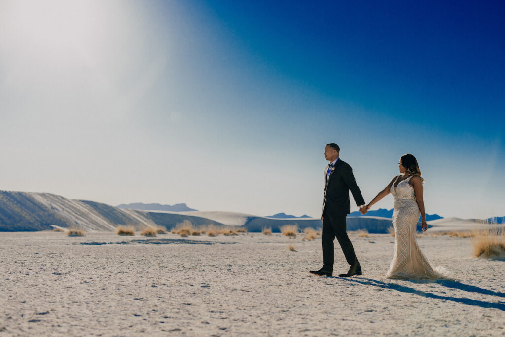 Larelle Malveaux & JoJuan Cranson in glam attire; White Sands New Mexico; shot by Reem Photography