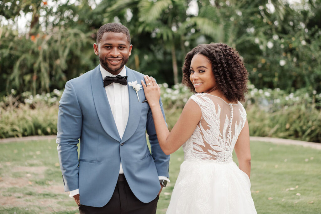 Ocean-inspired attire in dreamy destination wedding in Jamaica 