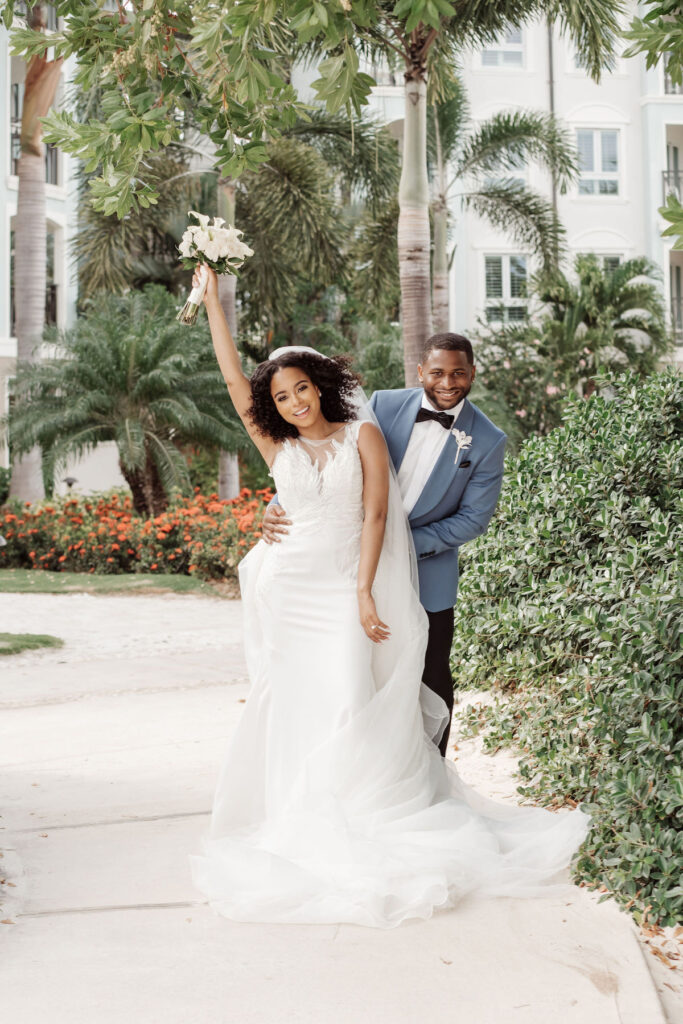 Ocean-inspired attire in dreamy destination wedding in Jamaica 