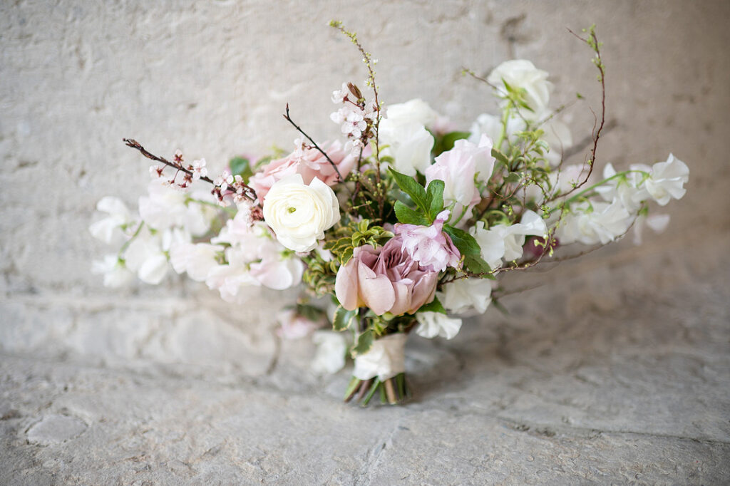 Romantic floral bouquet in renaissance micro wedding editorial in ohio