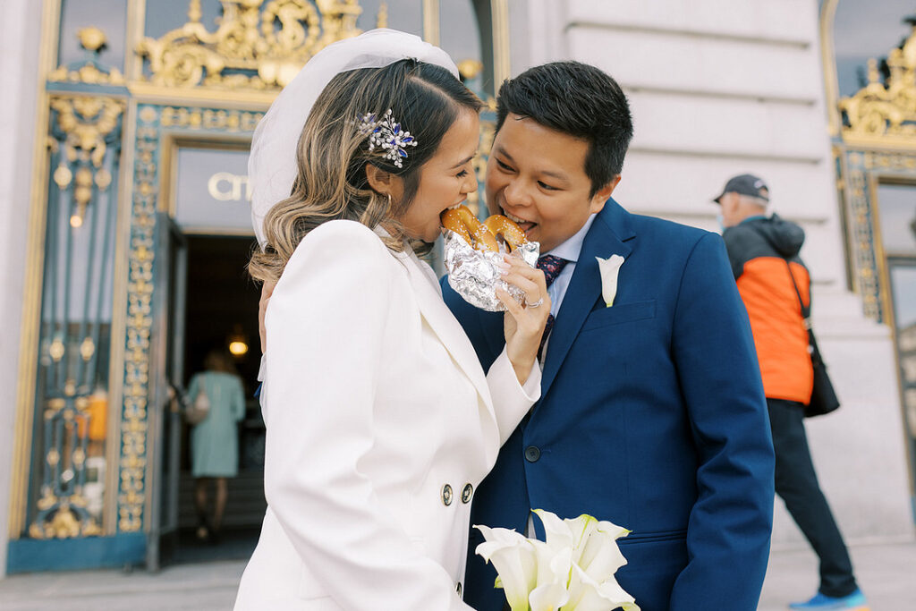 Rochelle and David's cozy and romantic city hall wedding in San Francisco had something blue plus Manolo's too!