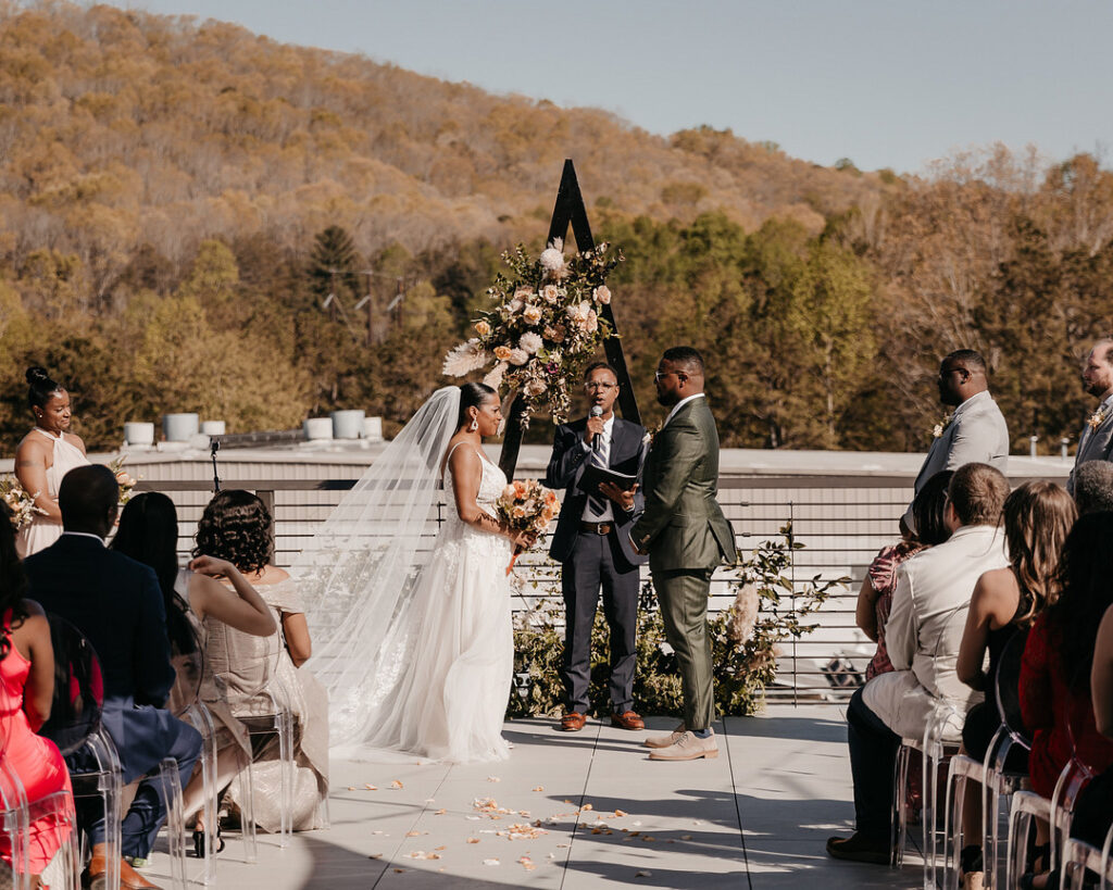 Tameka & Jeremy's Modern Boho Wedding at the Highland Brewing Co. in Asheville, NC features romantic muted earth tones and textured decor.