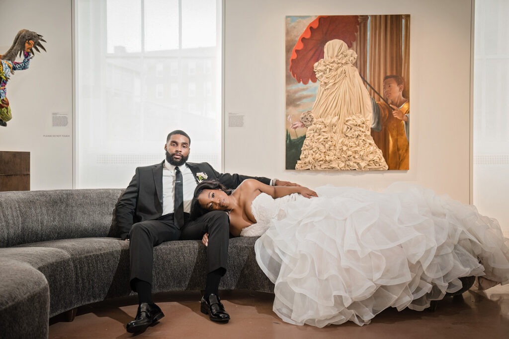 This moody art-infused styled shoot at the 21C Museum Hotel in Durham, NC, features elegant decor, contemporary art, & historic architecture.