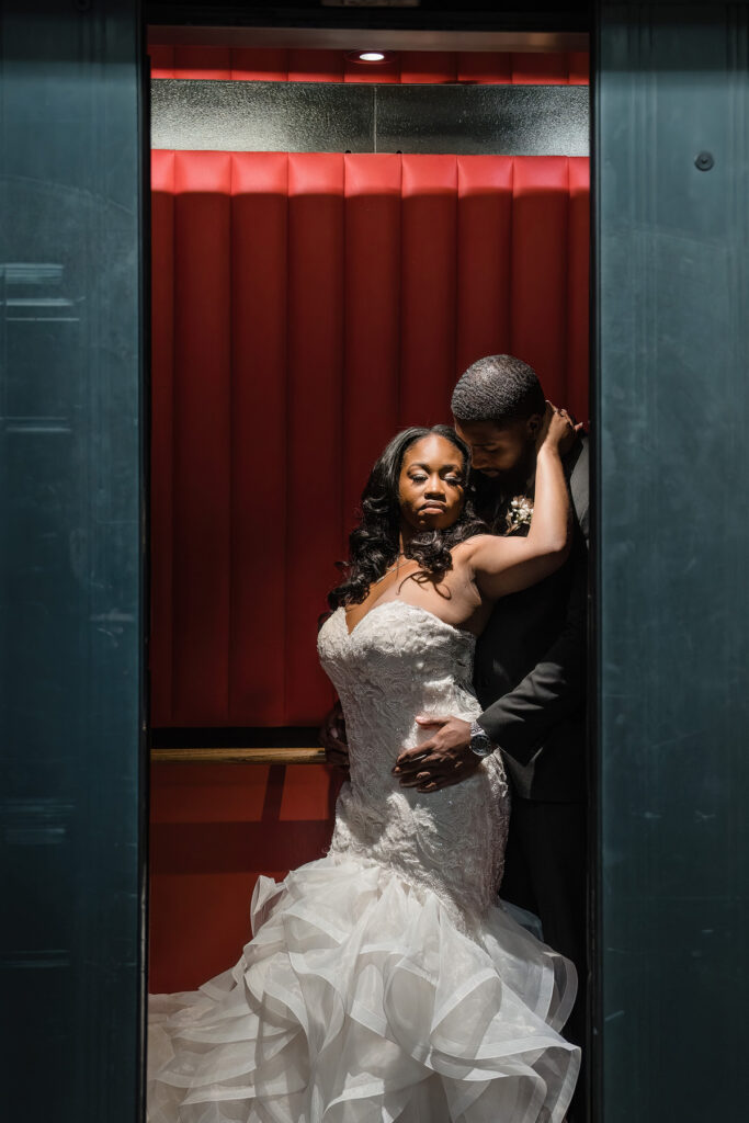 This moody art-infused styled shoot at the 21C Museum Hotel in Durham, NC, features elegant decor, contemporary art, & historic architecture.