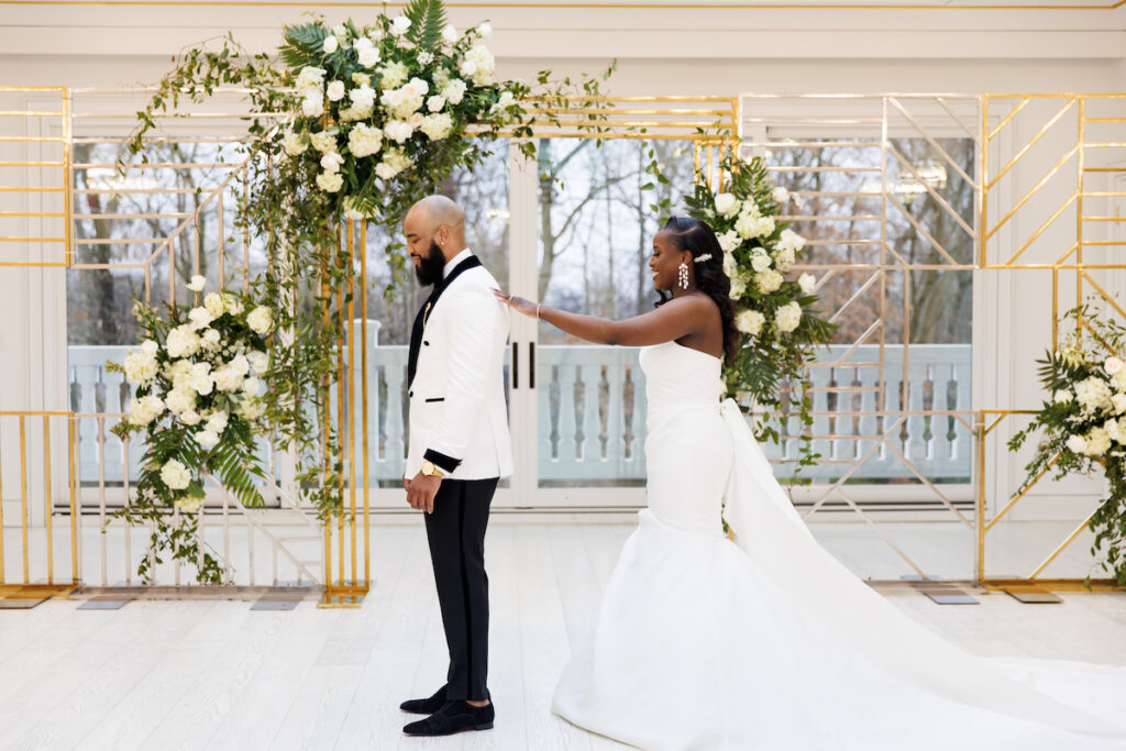 Antonette and Jermel celebrated their long-time love with a luxe white and gold wedding at a modern venue in New Jersey!