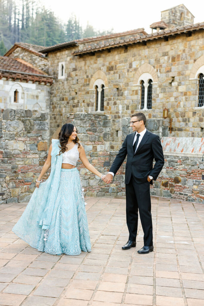 Set against the Castello Di Amorosa in Calistoga, California, this elegant vineyard engagement session is giving Prince and Princess vibes.