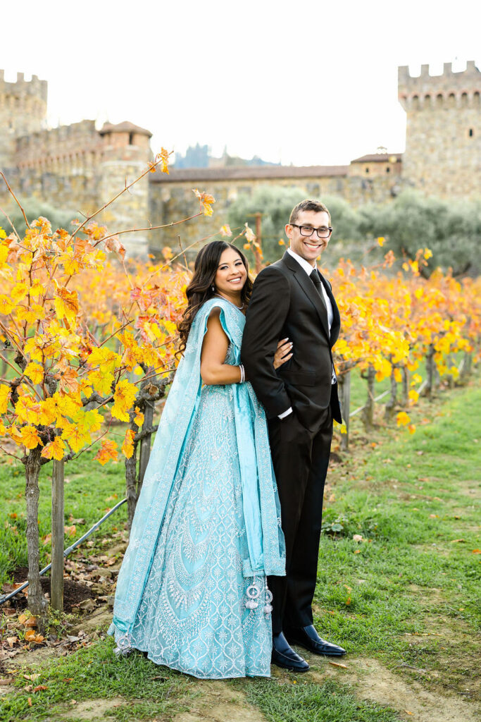 Set against the Castello Di Amorosa in Calistoga, California, this elegant vineyard engagement session is giving Prince and Princess vibes.