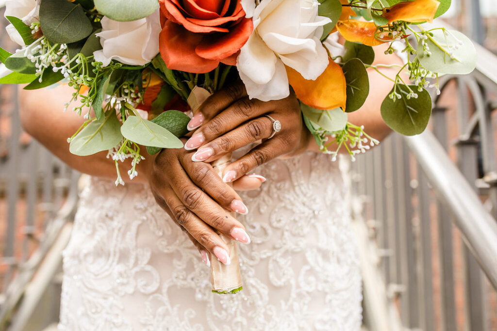 Military couple weds in a classy and timeless ceremony at 1208 Washington Place in Columbia, SC, with autumnal hues and historic charm. 