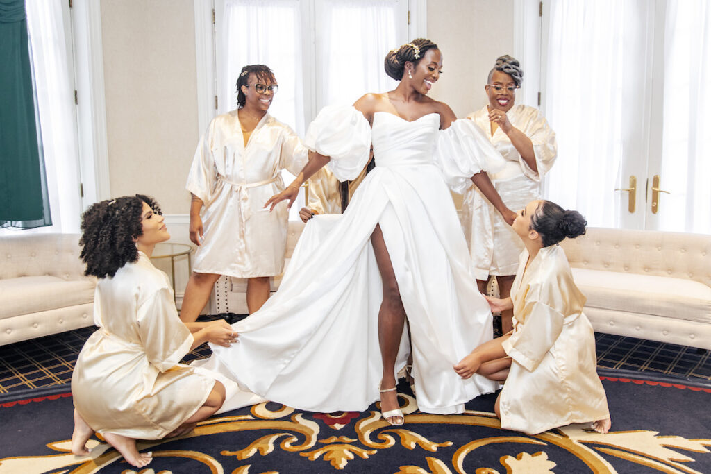 The bride's puff sleeve dress stars in this modern and elegant outdoor wedding ceremony at the VIP Country Club in New Rochelle, New York!