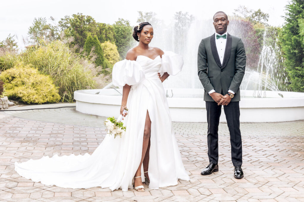 The bride's puff sleeve dress stars in this modern and elegant outdoor wedding ceremony at the VIP Country Club in New Rochelle, New York!