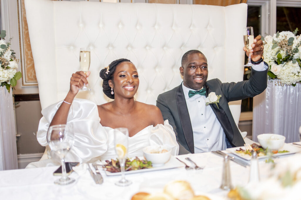 The bride's puff sleeve dress stars in this modern and elegant outdoor wedding ceremony at the VIP Country Club in New Rochelle, New York!