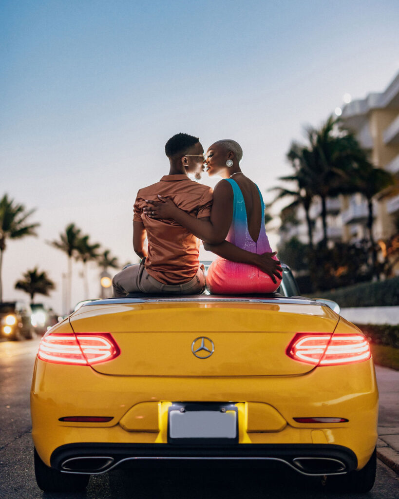 Featured in Issue 29, Bishop & Sarah's vibrant Miami engagement session is a total vibe with colorful attire and a Mercedes-Benz convertible!