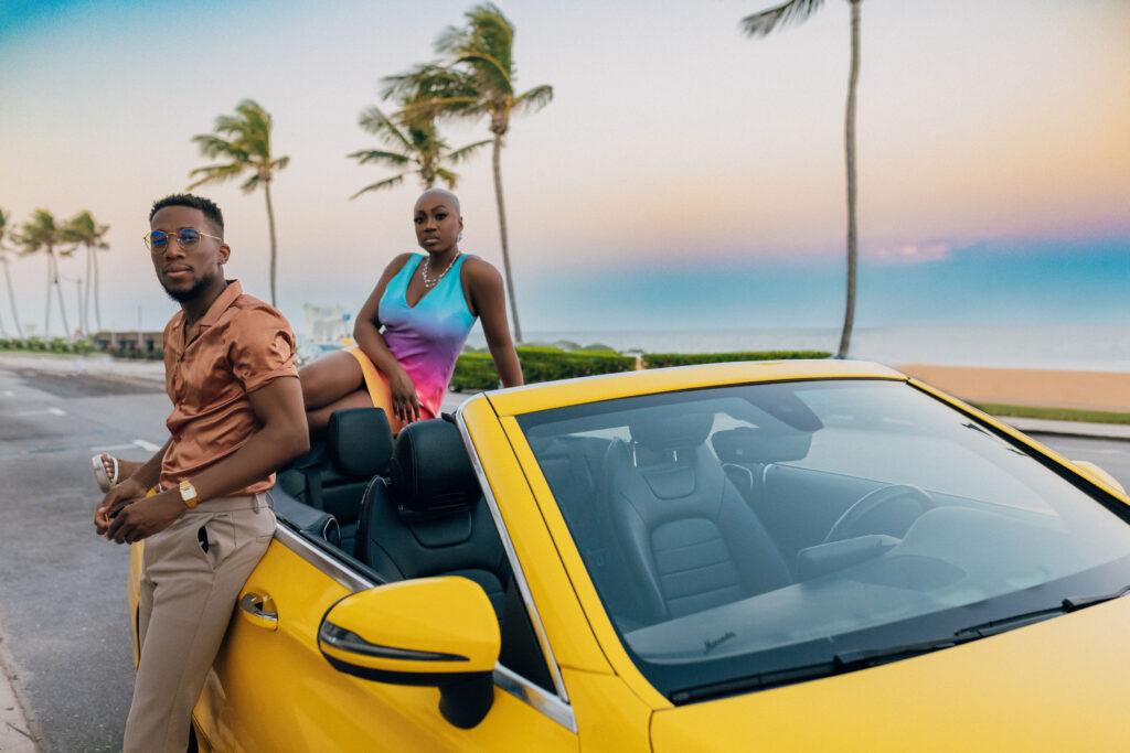 Featured in Issue 29, Bishop & Sarah's vibrant Miami engagement session is a total vibe with colorful attire and a Mercedes-Benz convertible!