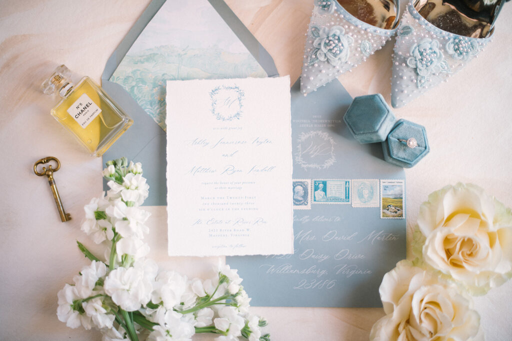 Featured in Issue 29, Styled Shoots Across America team create a romantic wedding editorial with blue hues at The Estate at River Run. 