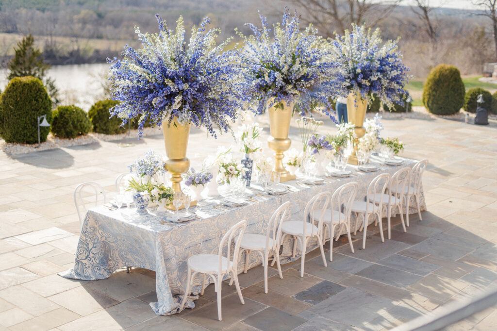 Featured in Issue 29, Styled Shoots Across America team create a romantic wedding editorial with blue hues at The Estate at River Run. 