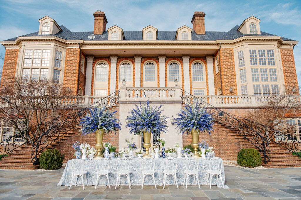 Featured in Issue 29, Styled Shoots Across America team create a romantic wedding editorial with blue hues at The Estate at River Run. 