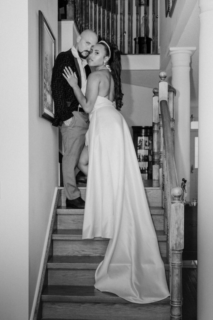 Bride-to-be Melissa Williams of Luxe Collection Bridal wore her own custom gown in an intimate at-home Old Hollywood engagement session.