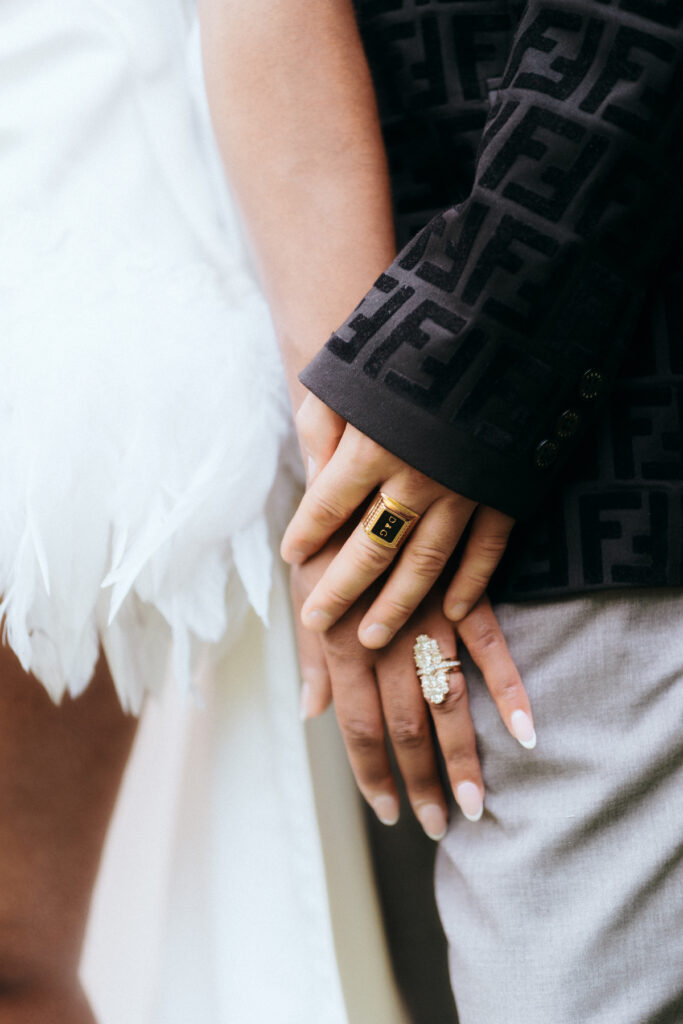 Bride-to-be Melissa Williams of Luxe Collection Bridal wore her own custom gown in an intimate at-home Old Hollywood engagement session.