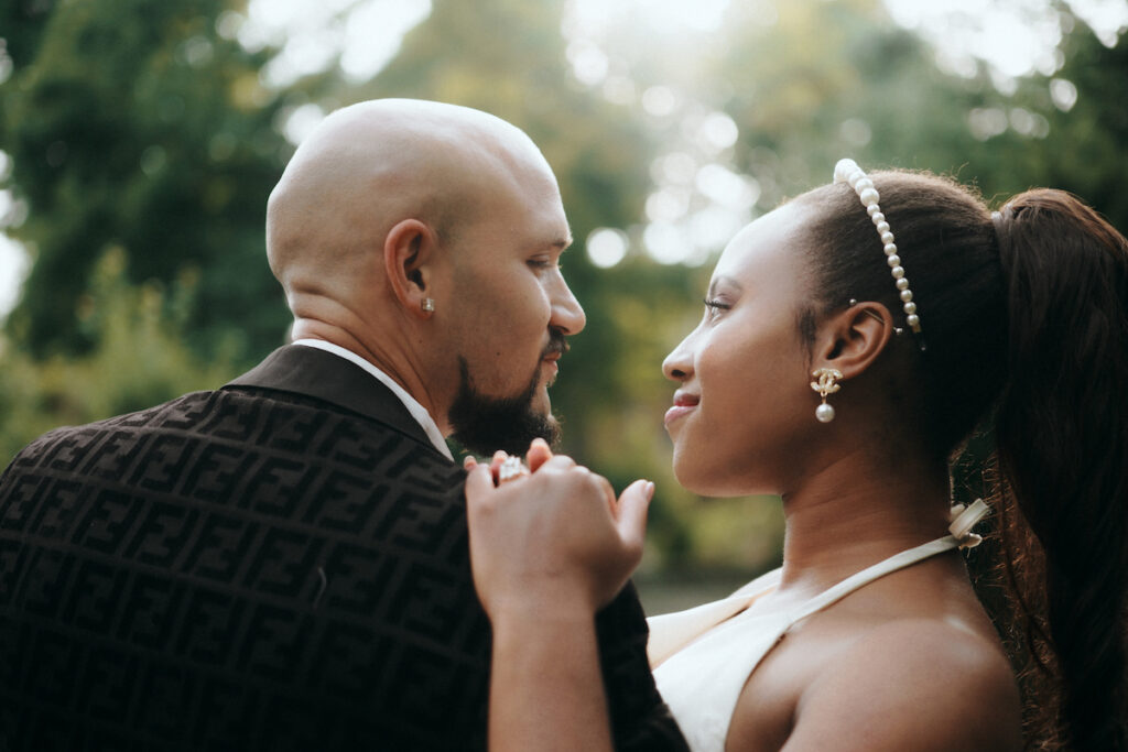 Bride-to-be Melissa Williams of Luxe Collection Bridal wore her own custom gown in an intimate at-home Old Hollywood engagement session.