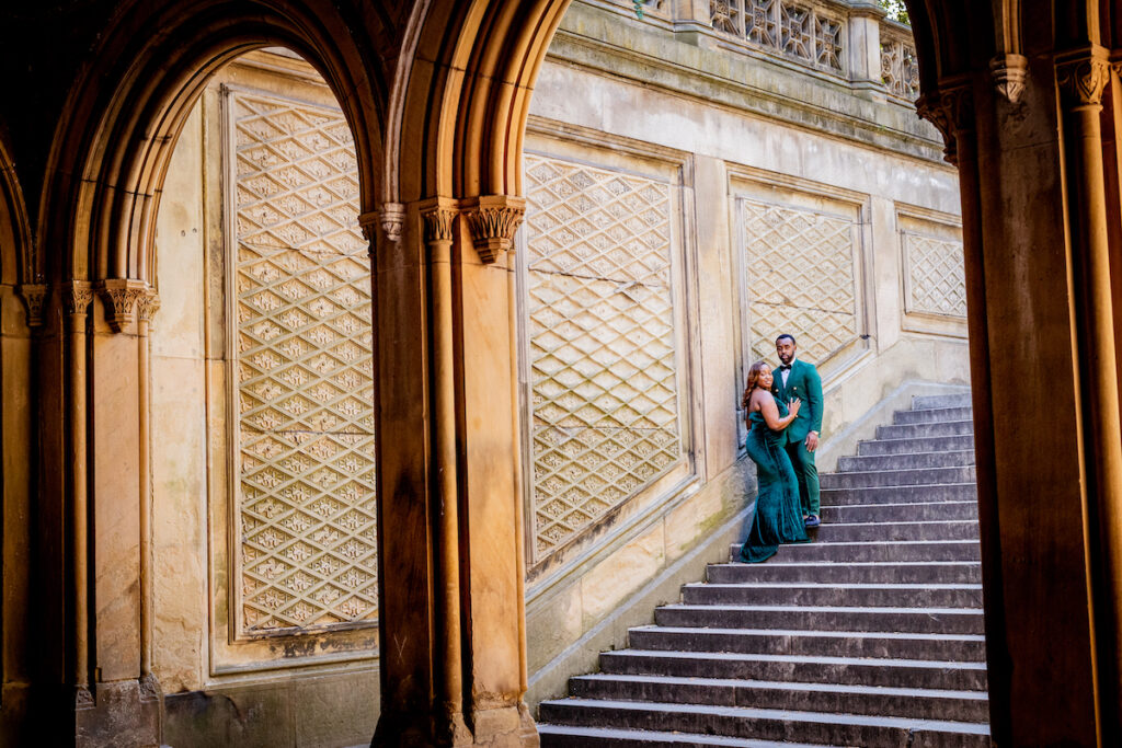 Elegant engagement photos at the historic Lincoln Memorial in Washington, D.C., and Central Park in Manhattan, NY, capture nostalgic moments.