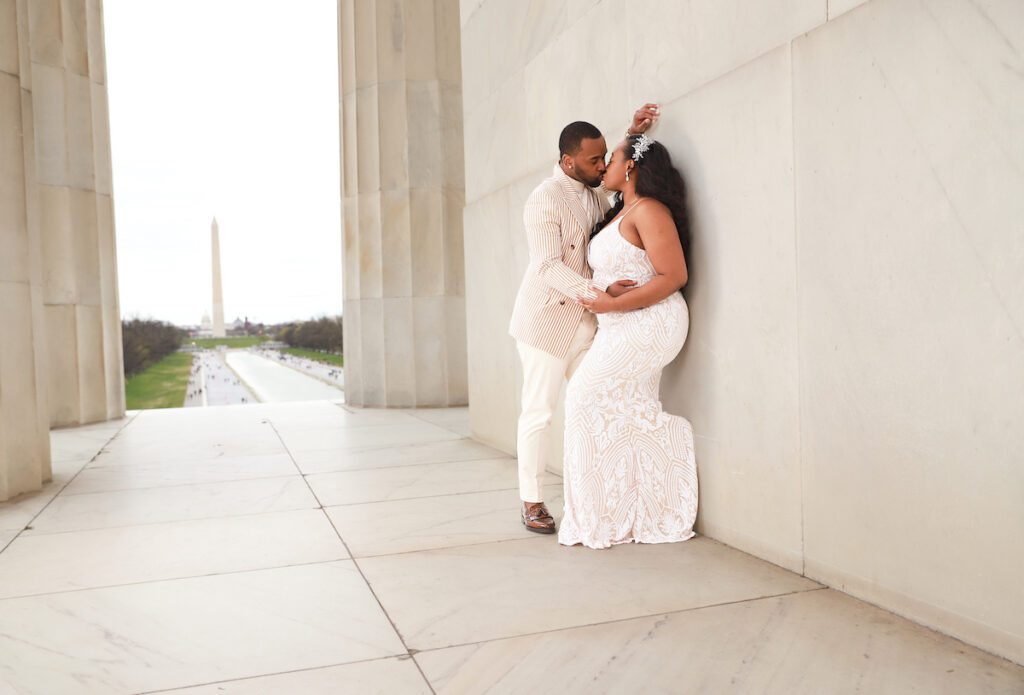 Elegant engagement photos at the historic Lincoln Memorial in Washington, D.C., and Central Park in Manhattan, NY, capture nostalgic moments.