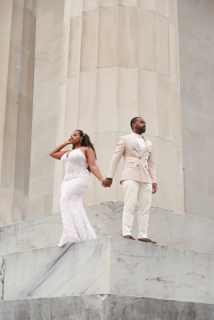 Elegant engagement photos at the historic Lincoln Memorial in Washington, D.C., and Central Park in Manhattan, NY, capture nostalgic moments.