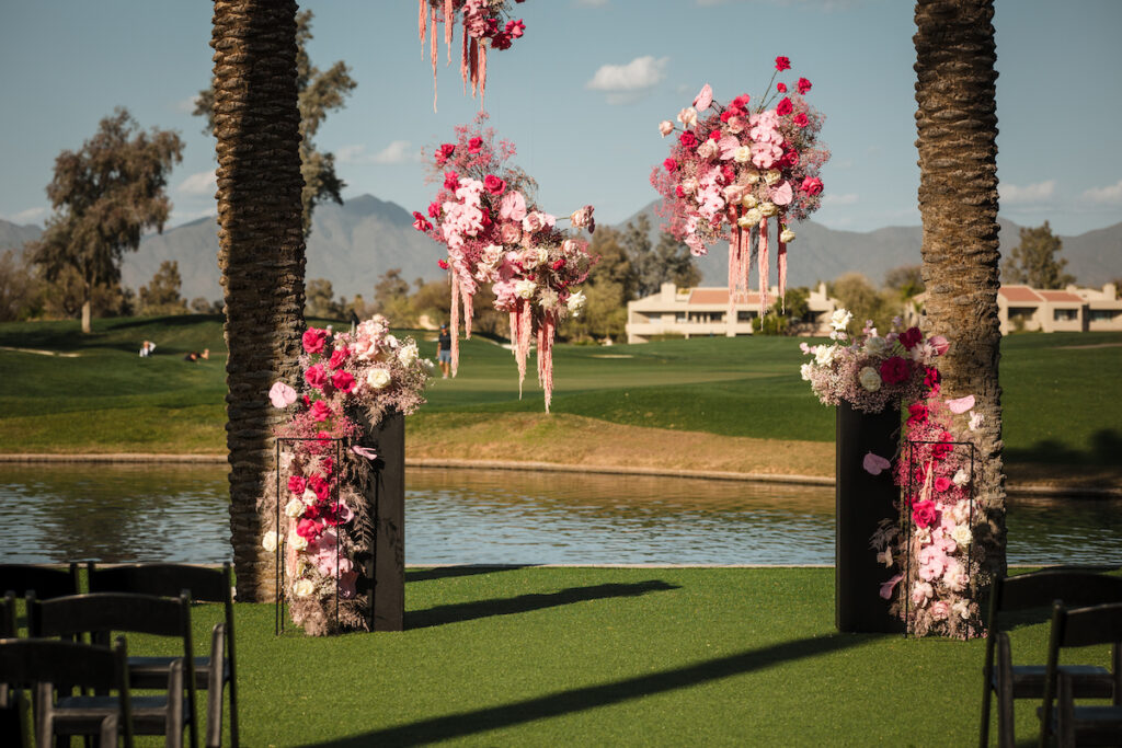 This outdoor wedding held at the beautiful Hyatt Regency Resort in Scottsdale, AZ, had timelessly chic details and perfectly pink surprises.