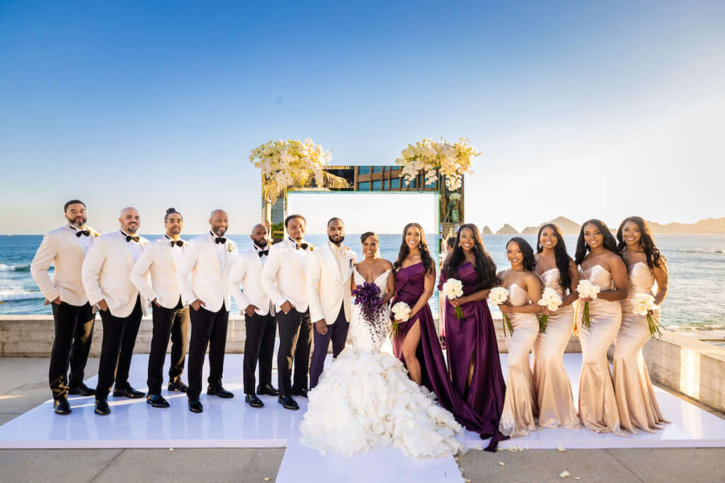 Tristian and Harold’s luxurious destination wedding in Cabo featured top-notch entertainment, glamorous custom fashion, and stunning views!