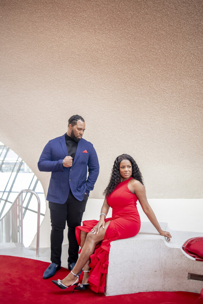 Coterie member, Sequoyah Daniel Photography, captured Shenea & Marlon's "old school" love in a sexy engagement shoot at the TWA hotel at JFK.