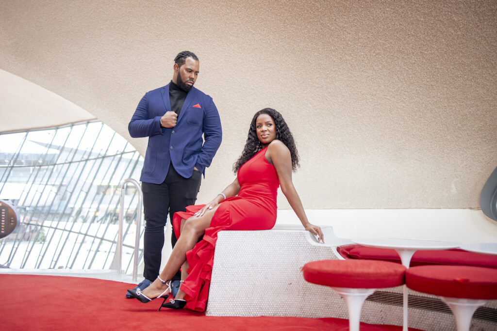 Coterie member, Sequoyah Daniel Photography, captured Shenea & Marlon's "old school" love in a sexy engagement shoot at the TWA hotel at JFK.