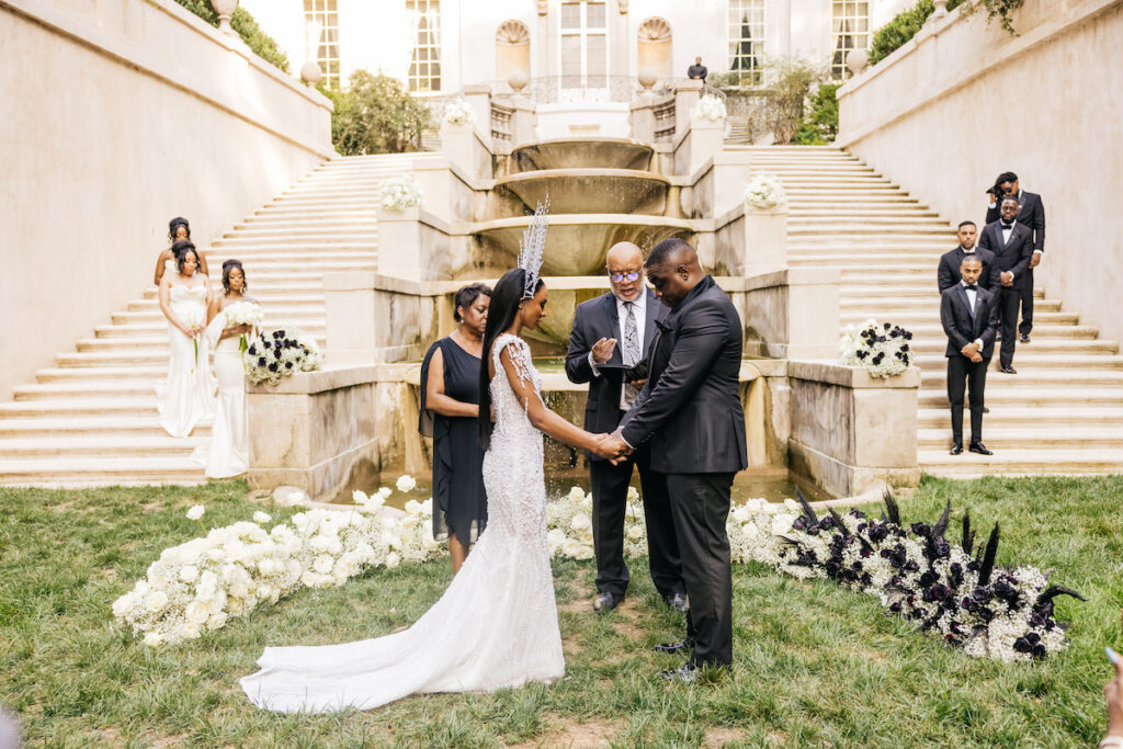 Bride Christine astonished guests with her show-stopping custom gown and headpiece that was fit for a queen!