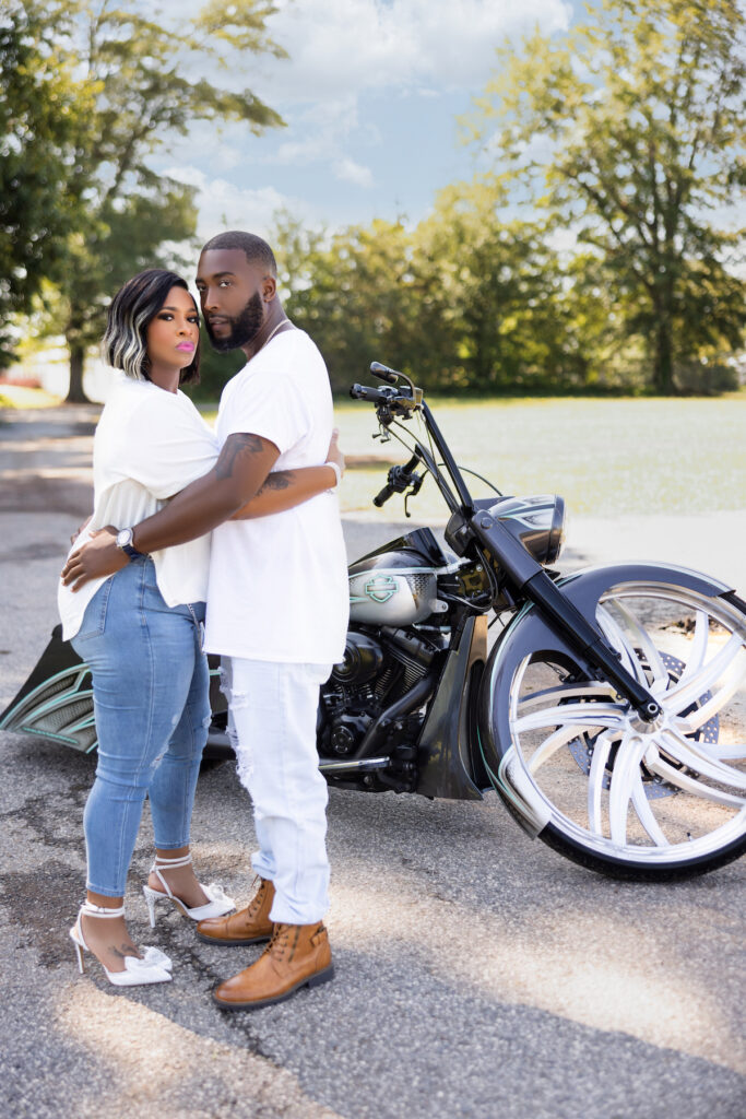 We loved this super romantic engagement session where the couple showed their love of coffee and custom Harley rides!