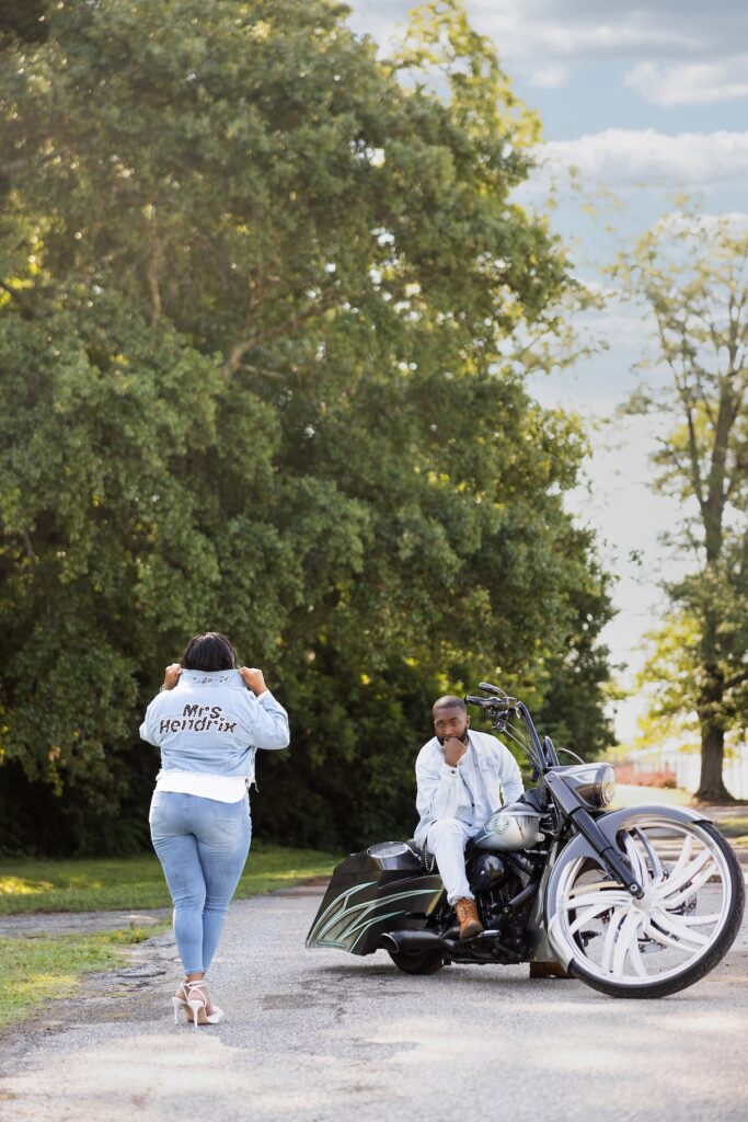 We loved this super romantic engagement session where the couple showed their love of coffee and custom Harley rides!