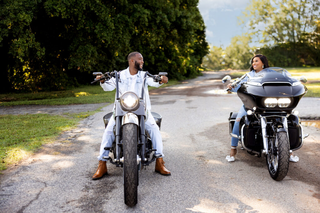 We loved this super romantic engagement session where the couple showed their love of coffee and custom Harley rides!