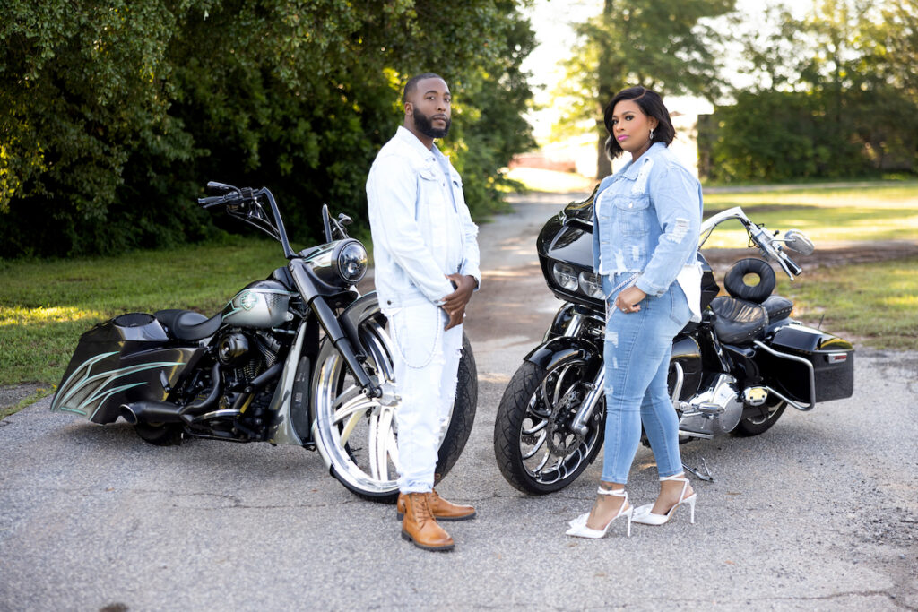 We loved this super romantic engagement session where the couple showed their love of coffee and custom Harley rides!