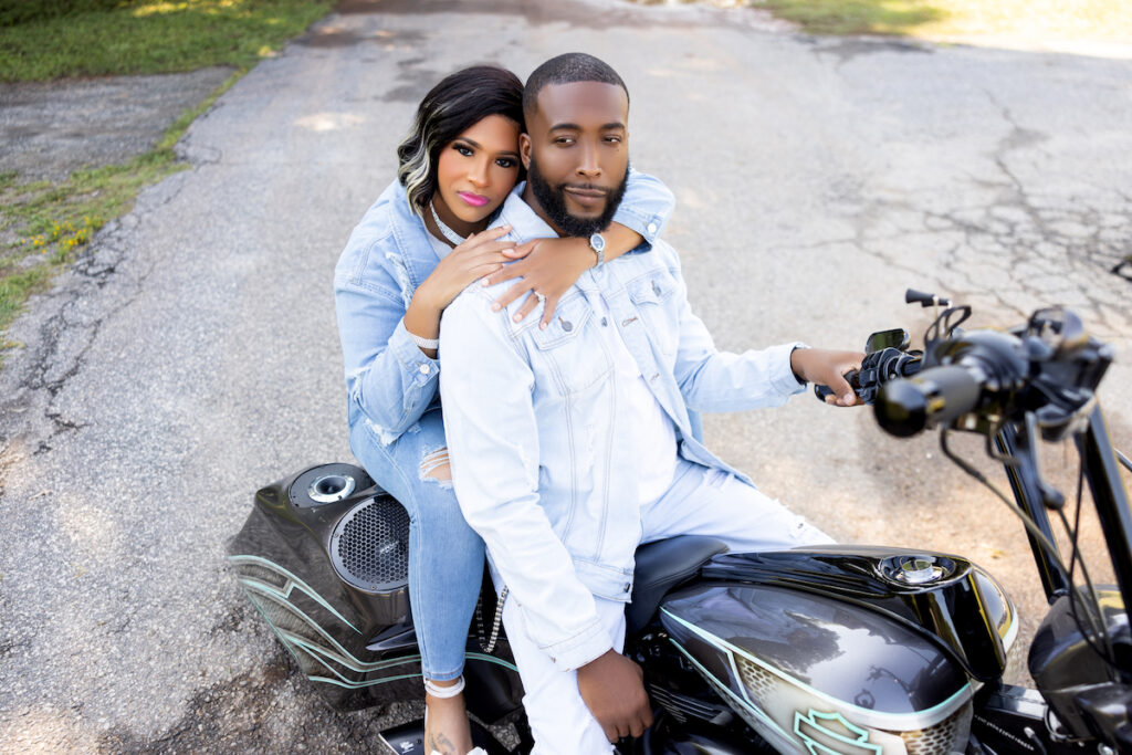 We loved this super romantic engagement session where the couple showed their love of coffee and custom Harley rides!