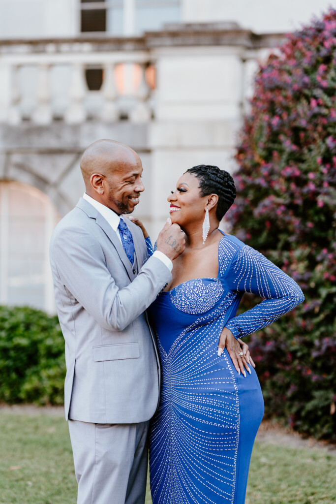 Fall in love with blue in Tamika and Reggie's classy engagement session in Downtown Columbia, South Carolina.