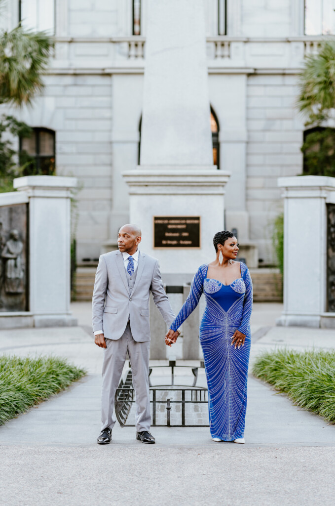 Fall in love with blue in Tamika and Reggie's classy engagement session in Downtown Columbia, South Carolina.