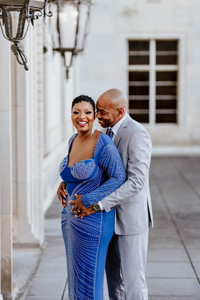 Fall in love with blue in Tamika and Reggie's classy engagement session in Downtown Columbia, South Carolina.