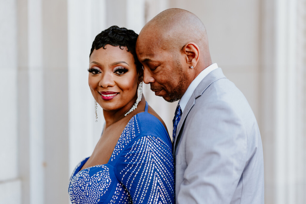 Fall in love with blue in Tamika and Reggie's classy engagement session in Downtown Columbia, South Carolina.