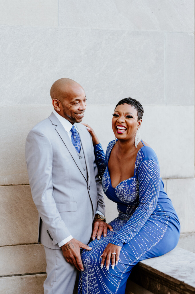 Fall in love with blue in Tamika and Reggie's classy engagement session in Downtown Columbia, South Carolina.