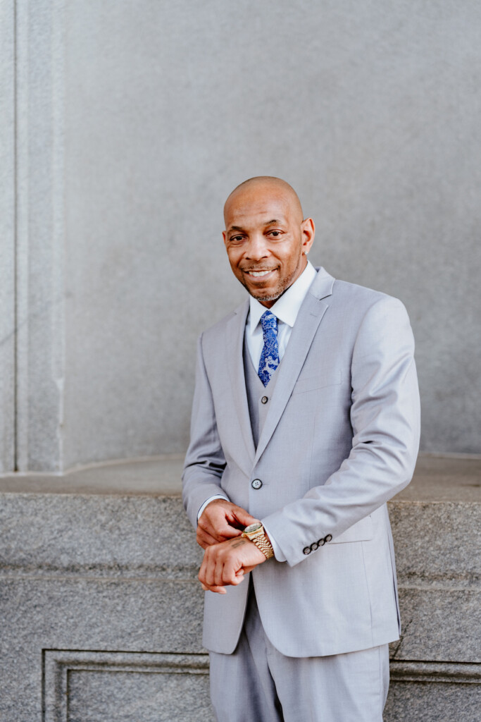 Fall in love with blue in Tamika and Reggie's classy engagement session in Downtown Columbia, South Carolina.