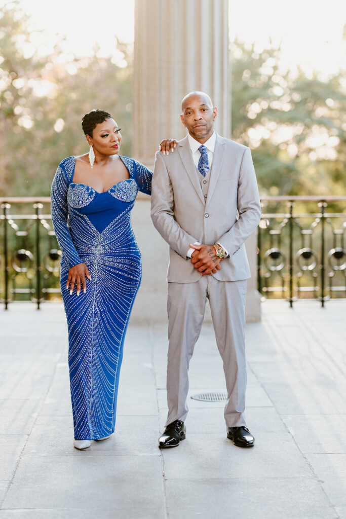 Fall in love with blue in Tamika and Reggie's classy engagement session in Downtown Columbia, South Carolina.