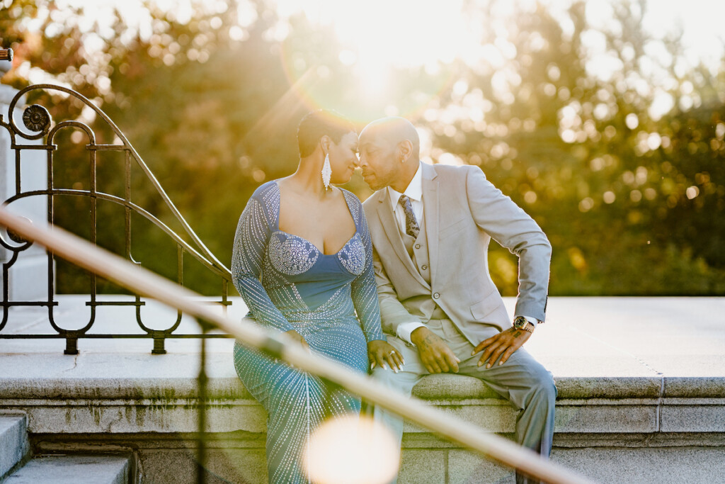 Fall in love with blue in Tamika and Reggie's classy engagement session in Downtown Columbia, South Carolina.