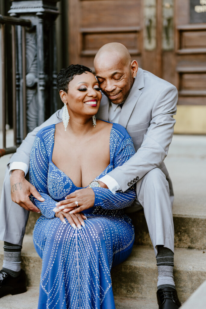 Fall in love with blue in Tamika and Reggie's classy engagement session in Downtown Columbia, South Carolina.