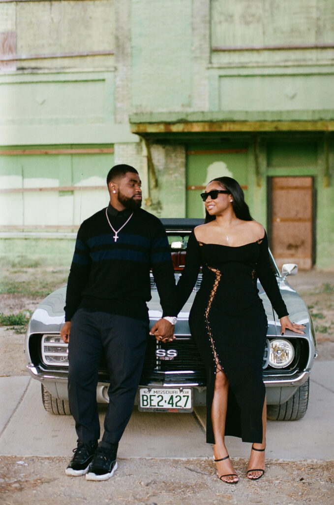 Jojo and Clyde's modern and sexy engagement shoot had a vintage vibe with a classic car and a laid-back in-studio portrait session that perfectly captured the fun-loving couple leading up to their summer wedding.